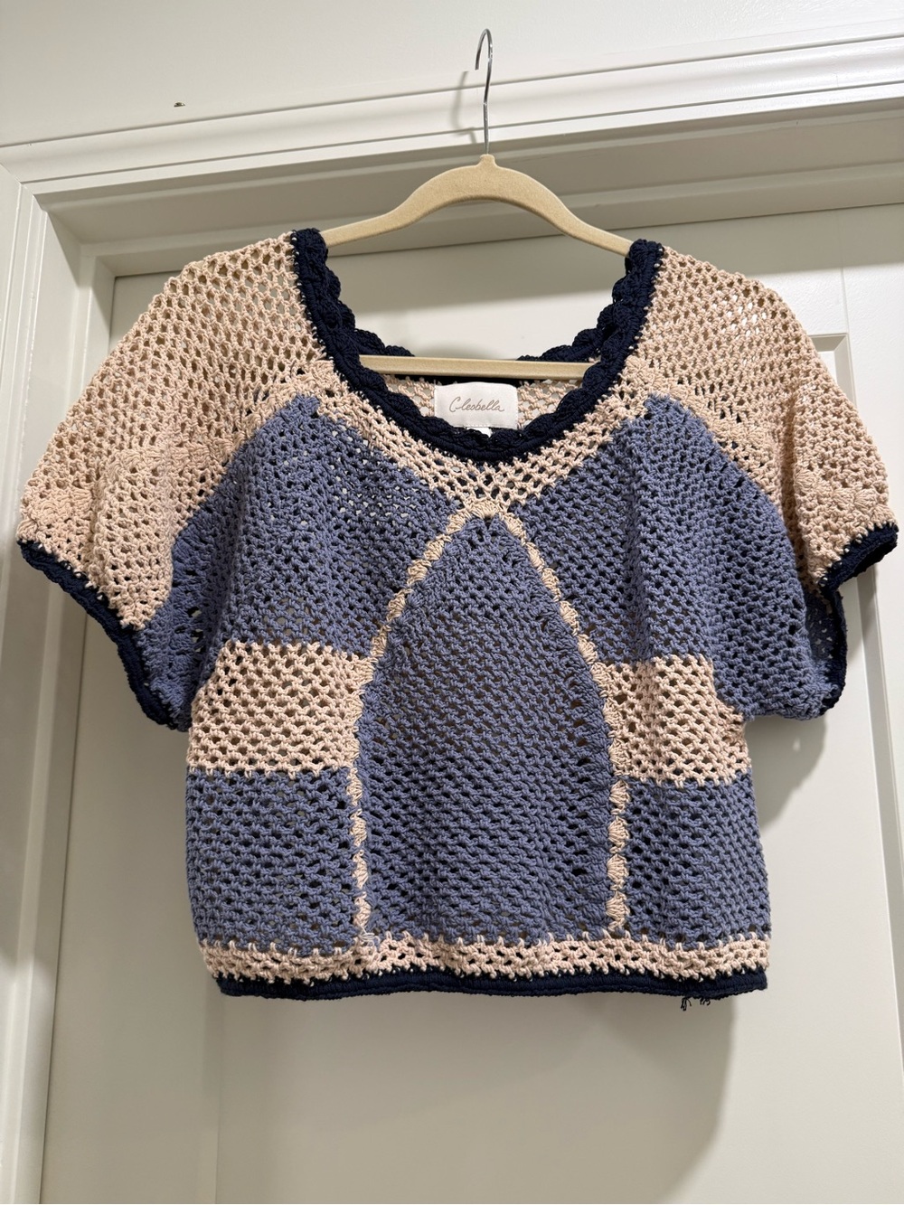 Cleobella Blue, Cream & Navy Crochet Cropped Short-Sleeve Sweater